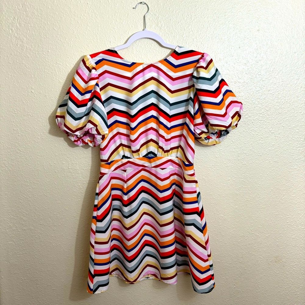 Wishing Waves Multicolored Puff Sleeve Dress – Size Medium | Fun Vibes